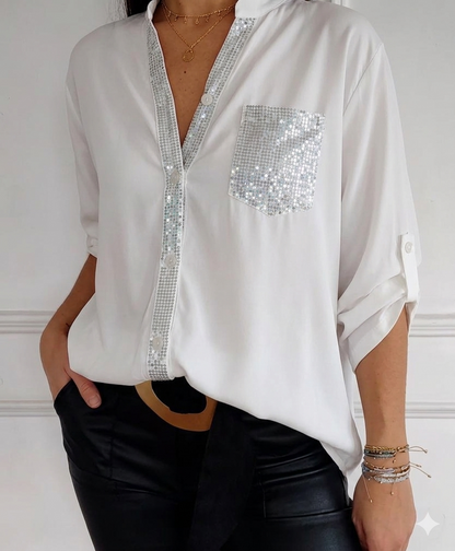 Mironé — Sequin Patchwork Button-Down Top