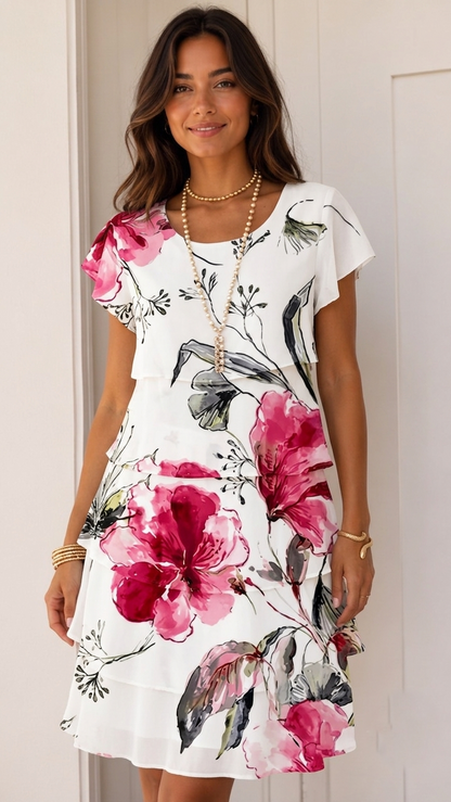 Multi-Plant Floral Print Cascade Dress