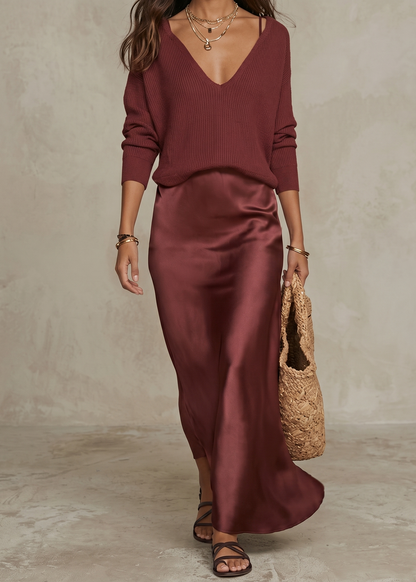 Alma — Satin Midi Dress & Knit Cardigan Two-Piece