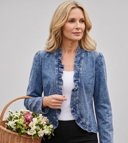 Denelise — Women's Ruffle-Trim Open-Front Denim Jacket