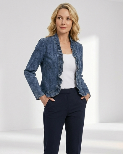 Denelise — Women's Ruffle-Trim Open-Front Denim Jacket