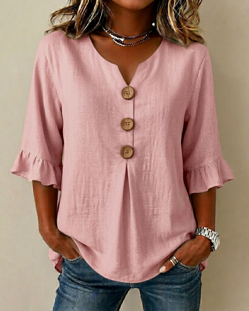 Sophine — Linen Cotton Blouse with Wood Buttons