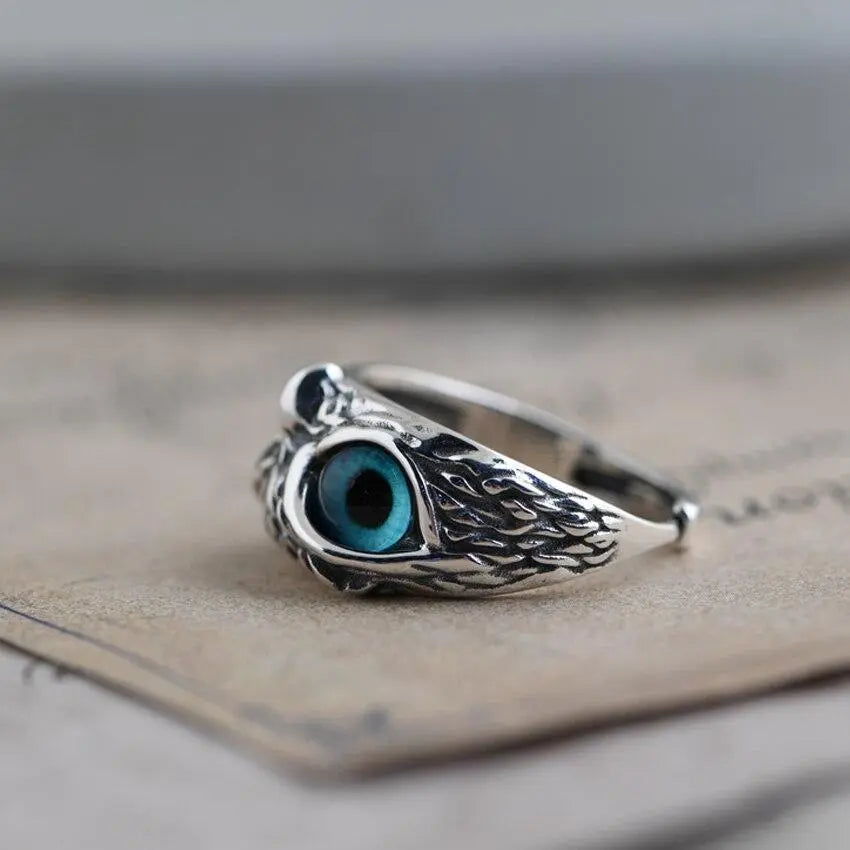 Adjustable Silver Owl Ring - Unique Opal Jewelry