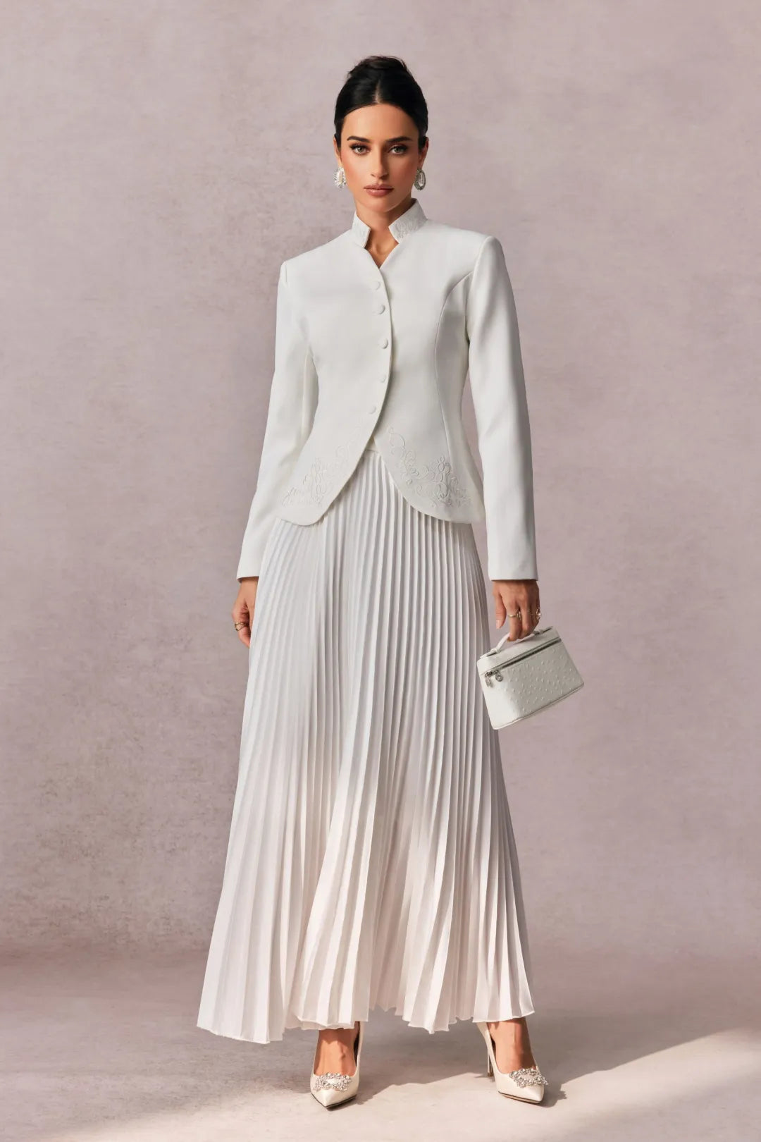 Christine - Embroidered Blazer & Pleated Satin Skirt Set