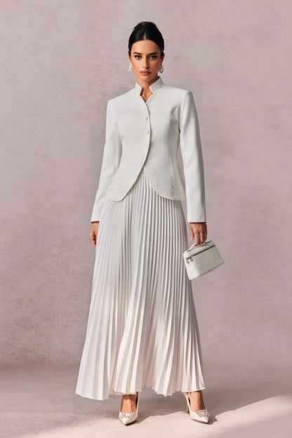 Christine - Embroidered Blazer & Pleated Satin Skirt Set