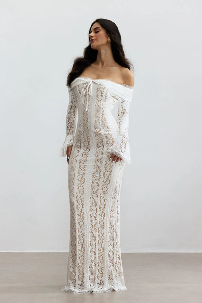 Emily - Off-Shoulder Lace Fishtail Maxi Dress