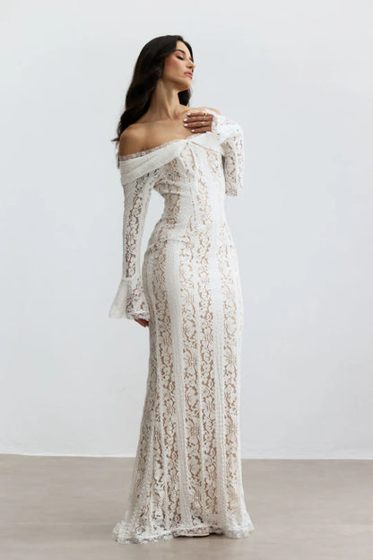 Emily - Off-Shoulder Lace Fishtail Maxi Dress