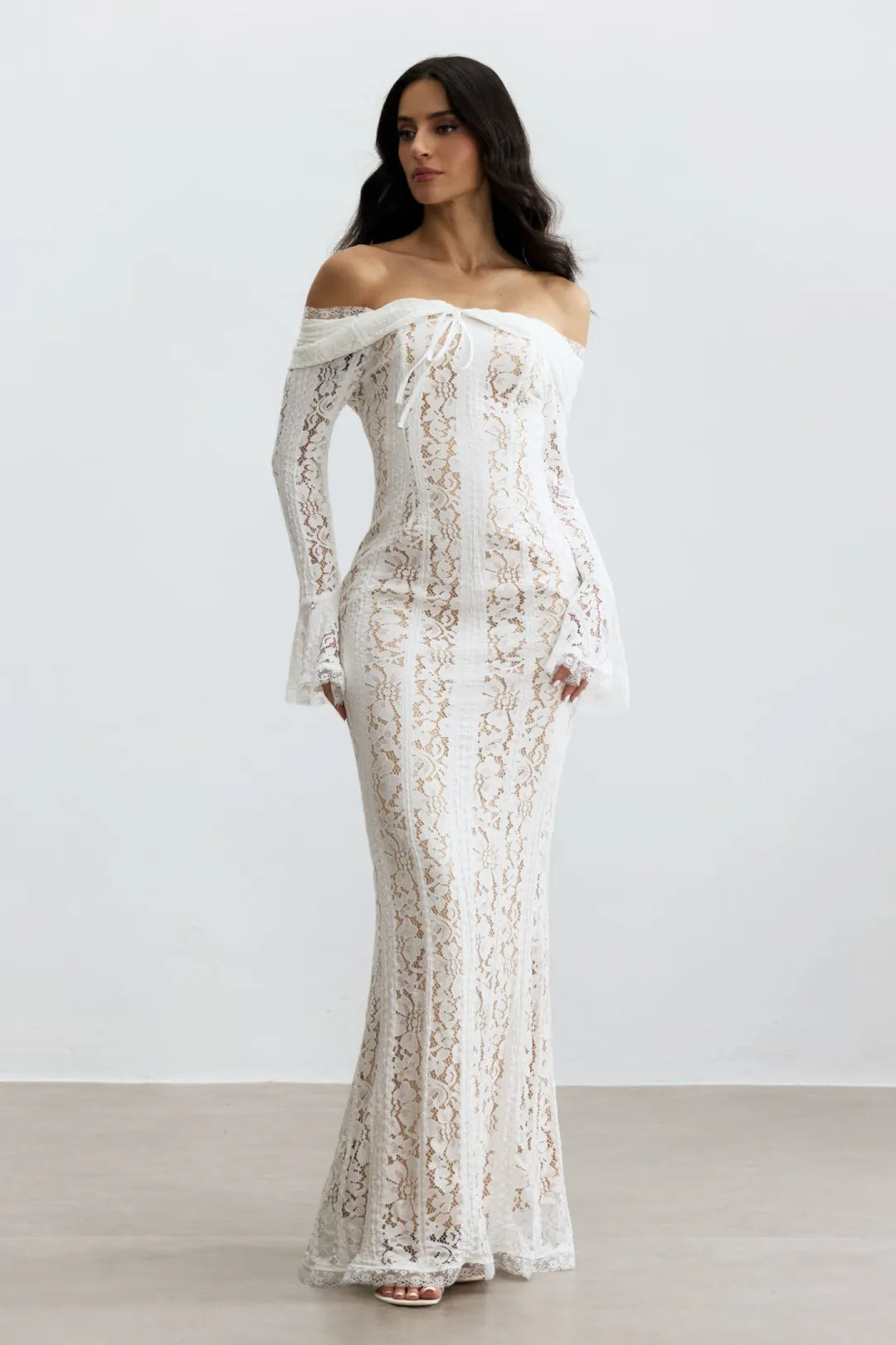 Emily - Off-Shoulder Lace Fishtail Maxi Dress