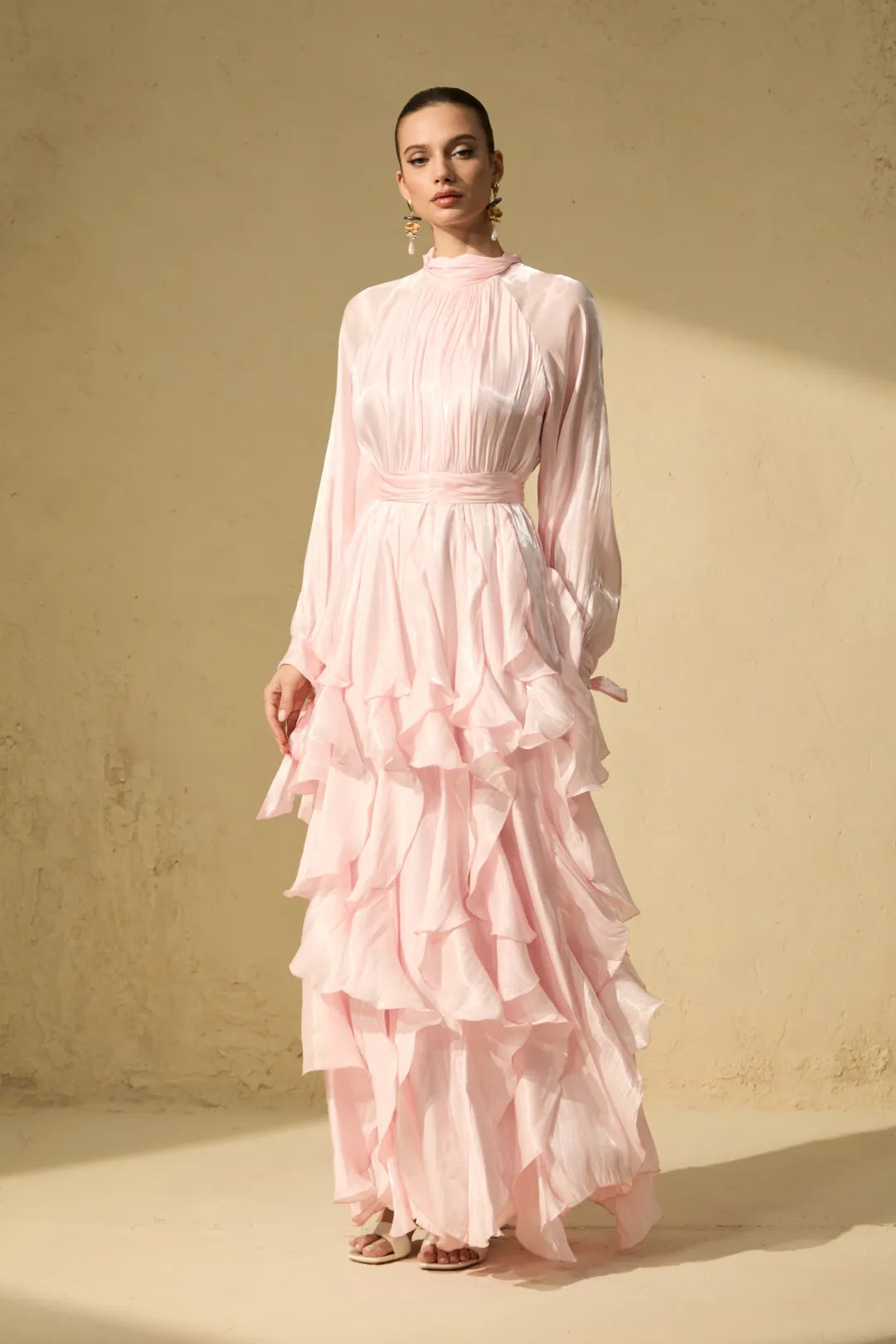 Estella - Puff Sleeve Ruffle Trim White Maxi Dress