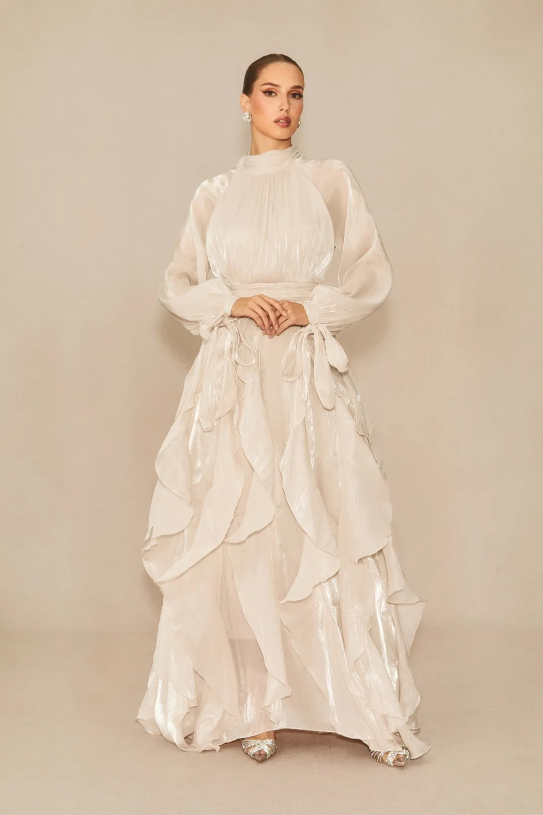 Estella - Puff Sleeve Ruffle Trim White Maxi Dress