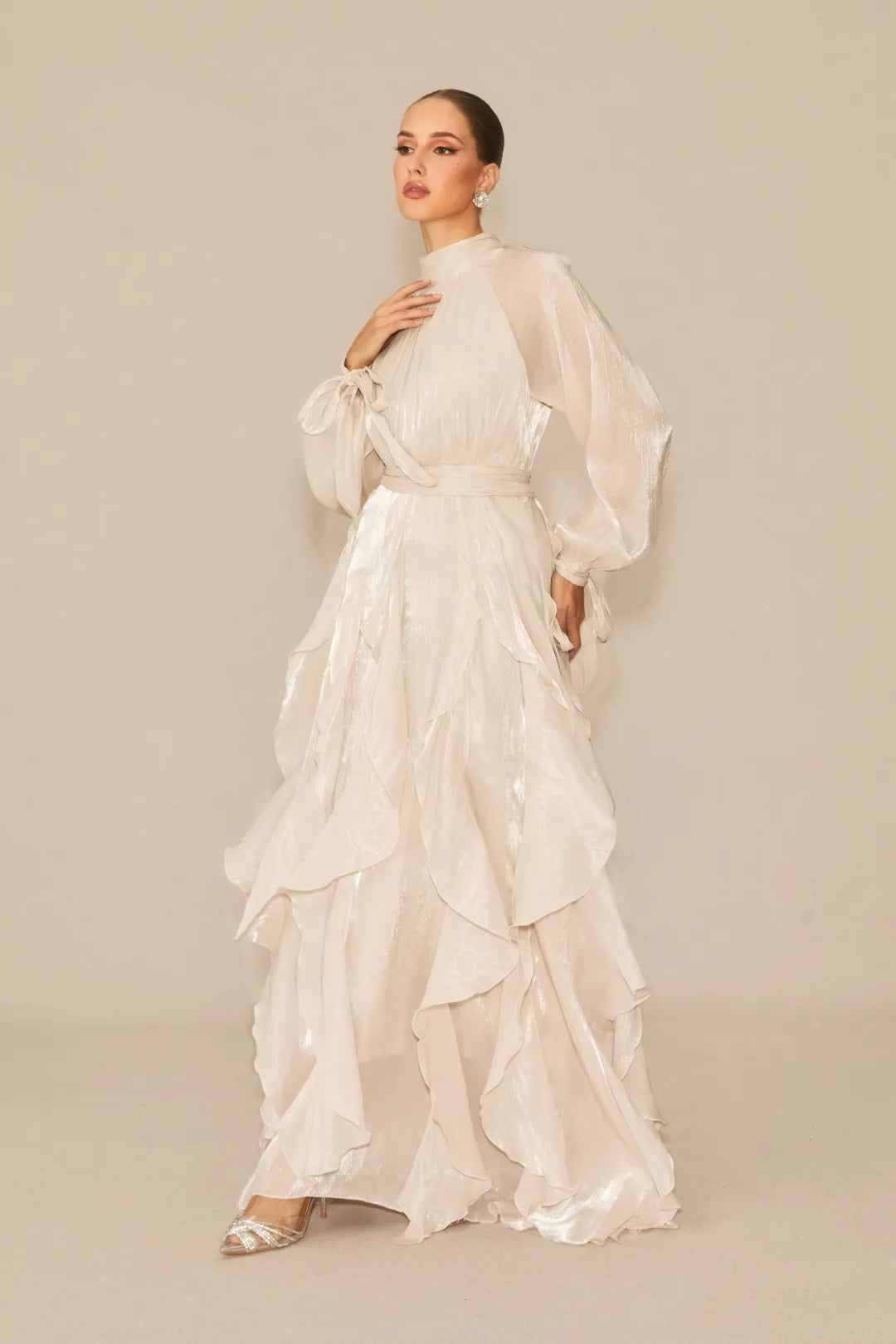 Estella - Puff Sleeve Ruffle Trim White Maxi Dress