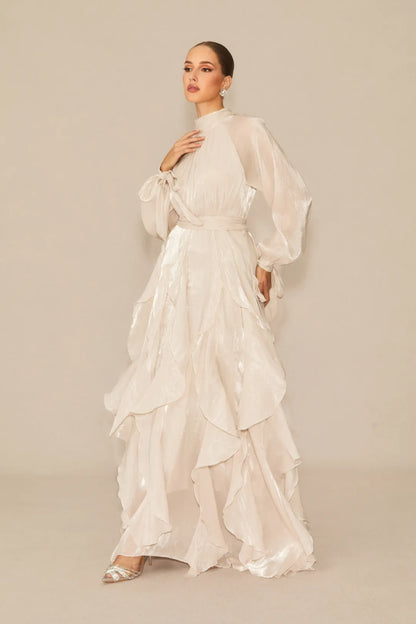 Estella - Puff Sleeve Ruffle Trim White Maxi Dress
