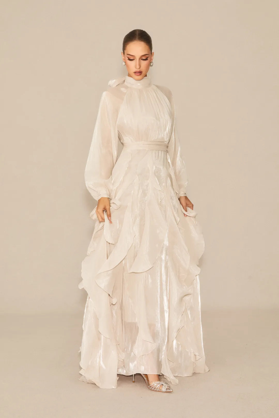 Estella - Puff Sleeve Ruffle Trim White Maxi Dress
