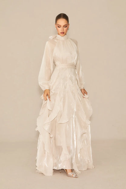 Estella - Puff Sleeve Ruffle Trim White Maxi Dress