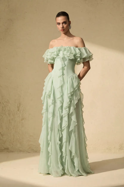 Verdène — Green Off-Shoulder Ruffle Maxi Dress