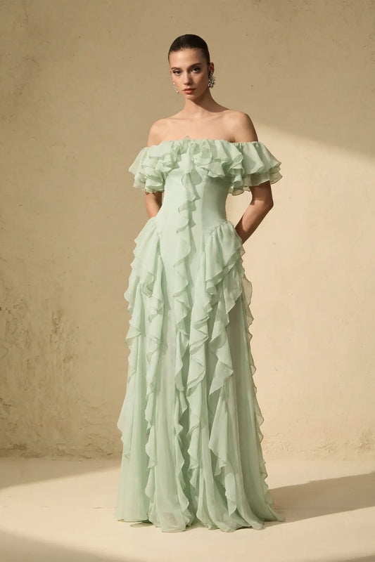 Verdène — Green Off-Shoulder Ruffle Maxi Dress