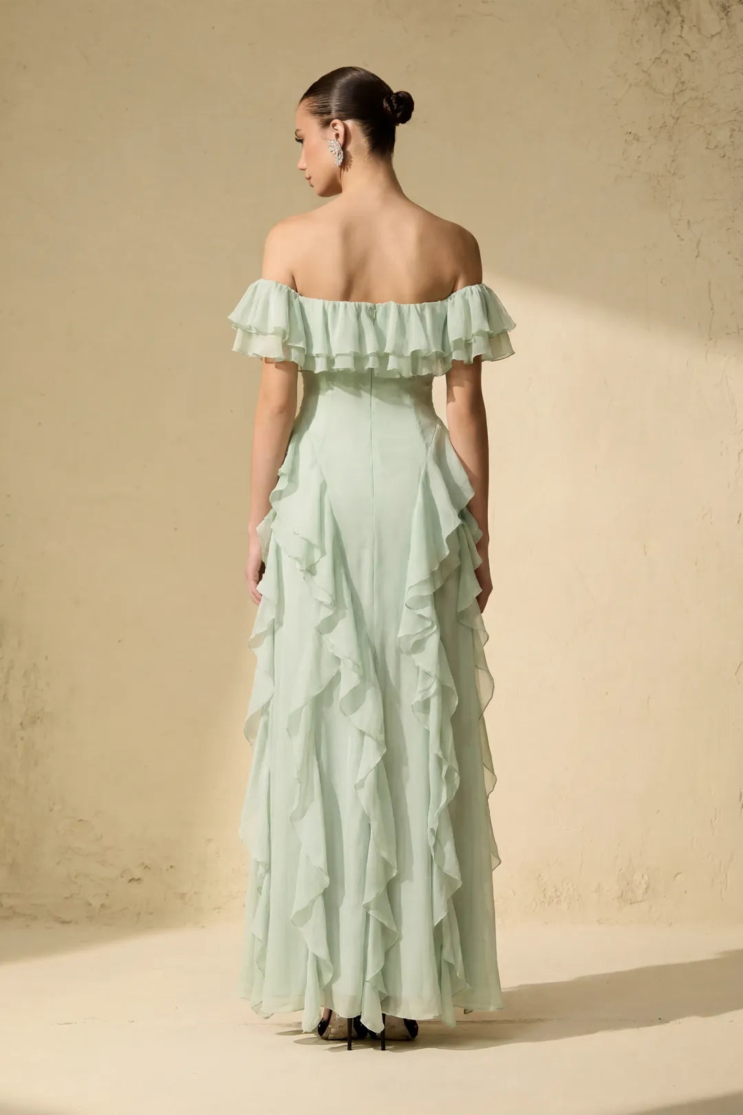 Verdène — Green Off-Shoulder Ruffle Maxi Dress