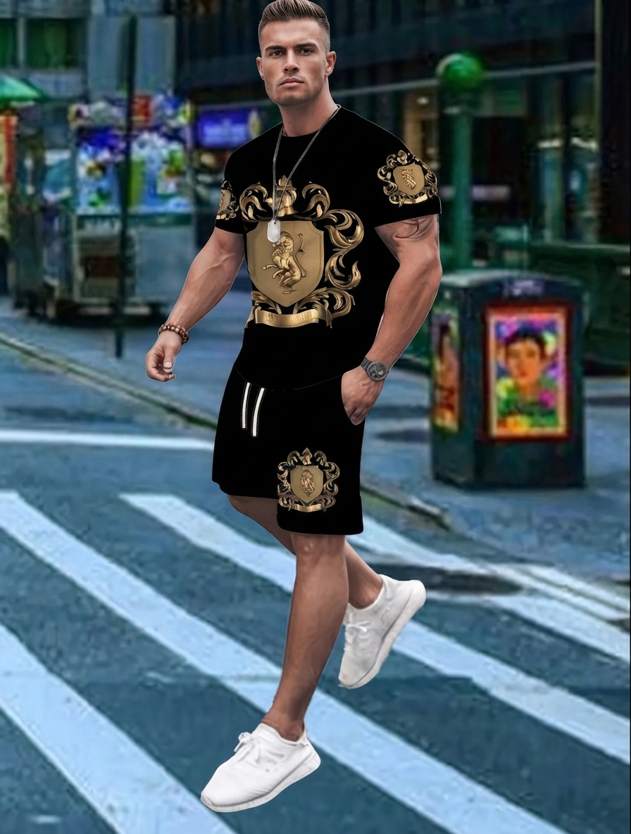Regalis — Gold Crest-Print Tee & Shorts Set