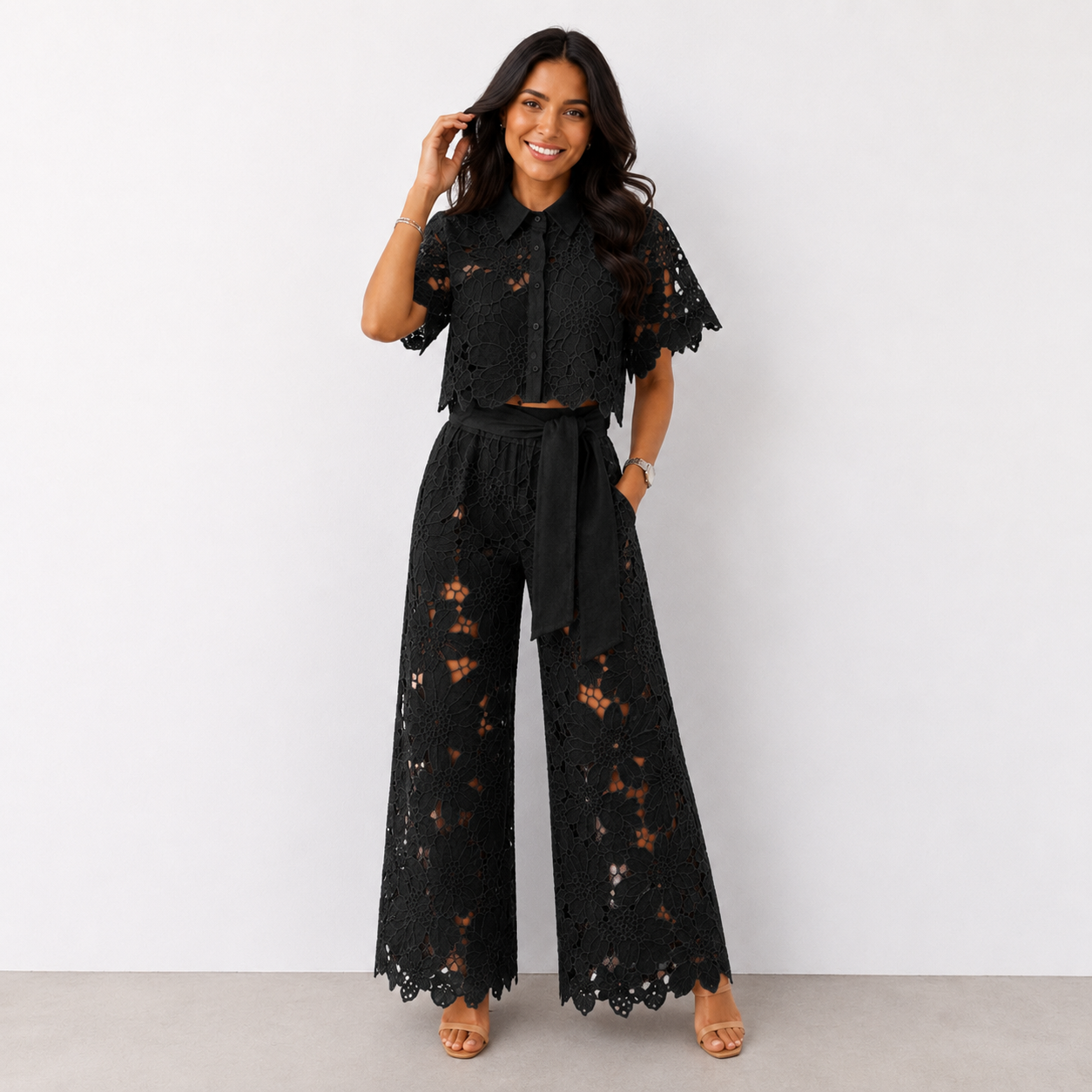 Isabela — Lace-Embroidered Blouse & Pants Set