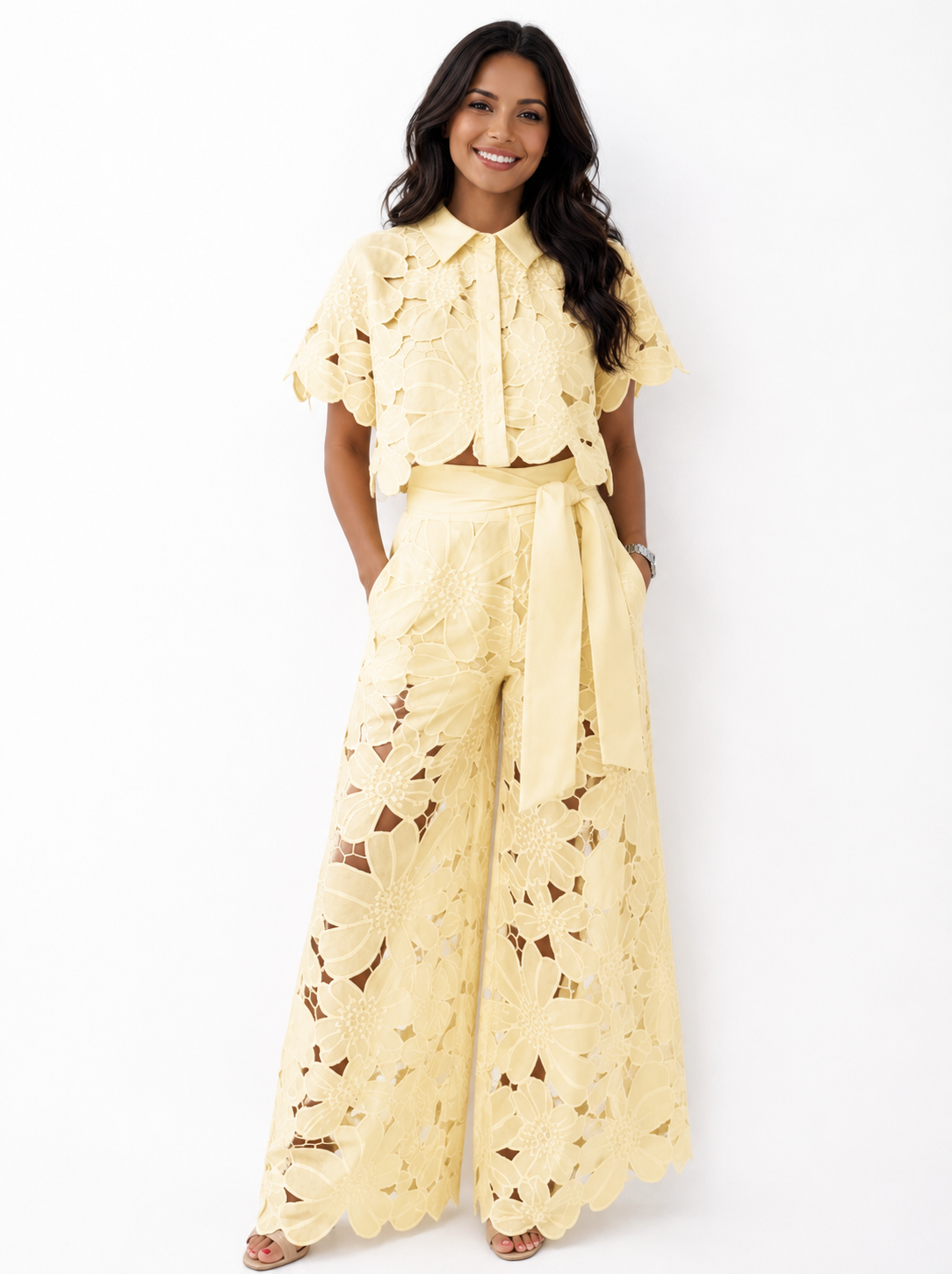Isabela — Lace-Embroidered Blouse & Pants Set
