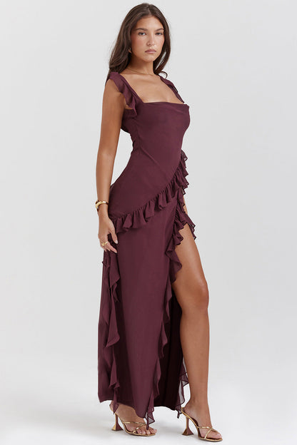 Amira — Ruffled High-Waist Strappy Maxi Dress in Plum
