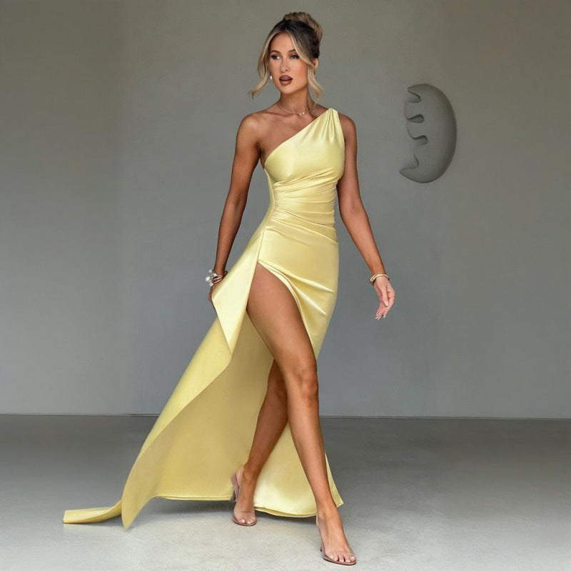 Satène — One-Shoulder Satin High-Slit Maxi Gown