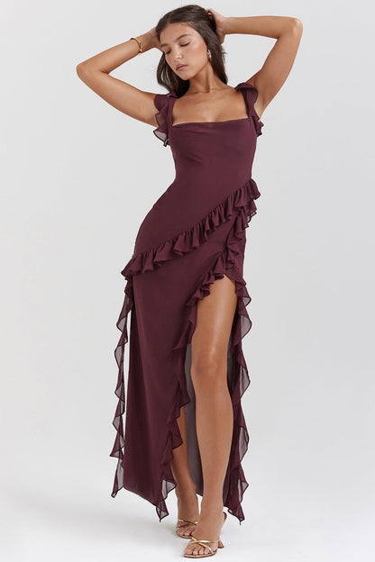 Amira — Ruffled High-Waist Strappy Maxi Dress in Plum