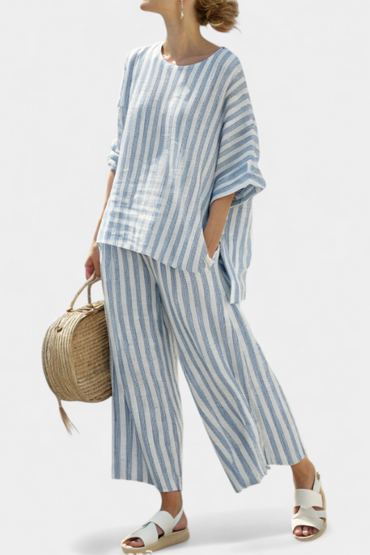 Federica – sophisticated striped blue linen top and relaxed pants