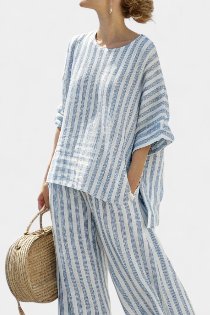 Federica – sophisticated striped blue linen top and relaxed pants