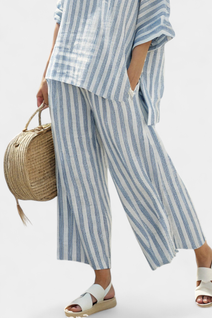 Federica – sophisticated striped blue linen top and relaxed pants