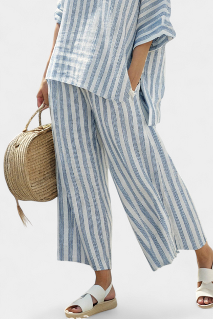 Federica – sophisticated striped blue linen top and relaxed pants