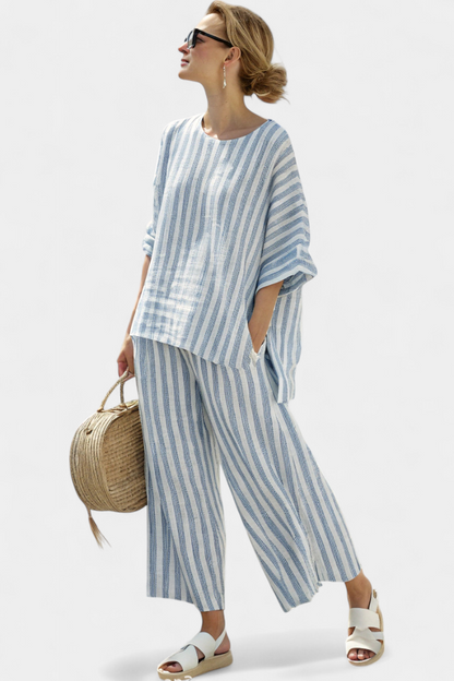 Federica – sophisticated striped blue linen top and relaxed pants