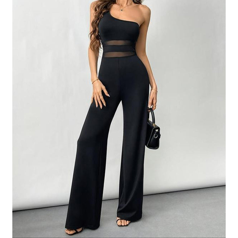 Vellara — One-Shoulder Mesh-Insert Jumpsuit