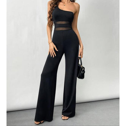 Vellara — One-Shoulder Mesh-Insert Jumpsuit