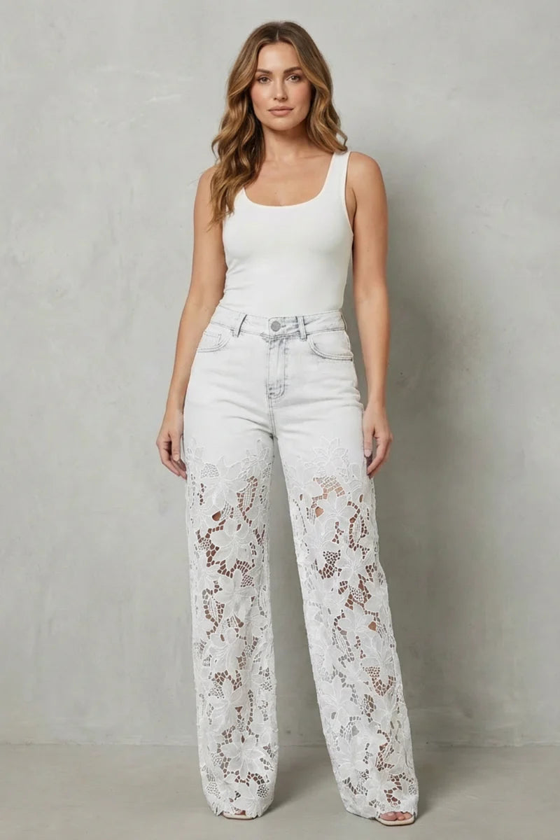 Dentelle — Lace Patchwork Stretch Denim Jeans
