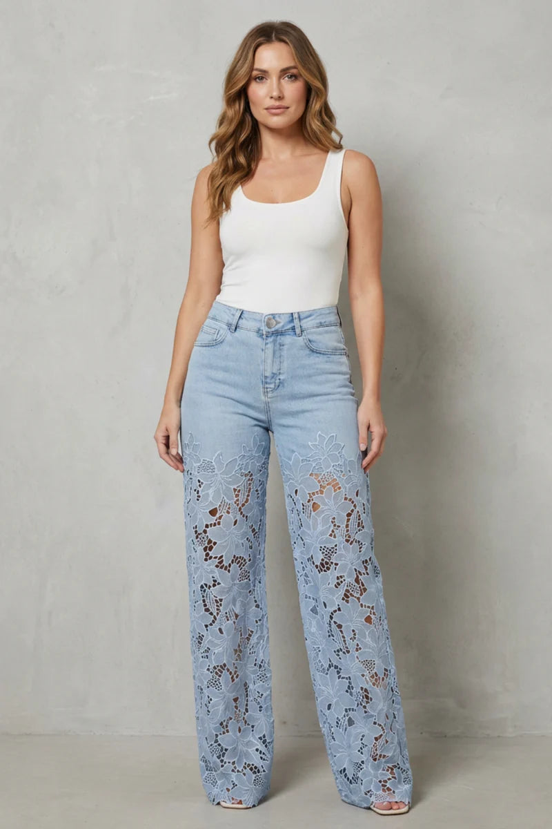 Dentelle — Lace Patchwork Stretch Denim Jeans