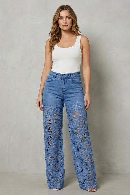 Dentelle — Lace Patchwork Stretch Denim Jeans