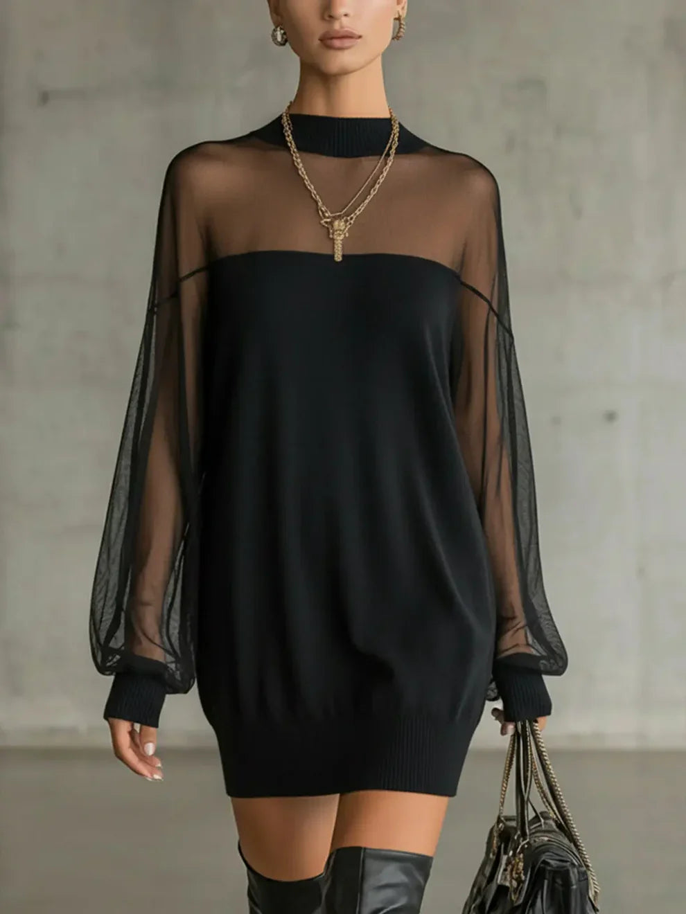 Clarève - Solid Patchwork Dress with Lantern Sleeves