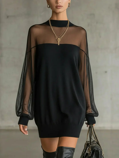 Clarève - Solid Patchwork Dress with Lantern Sleeves