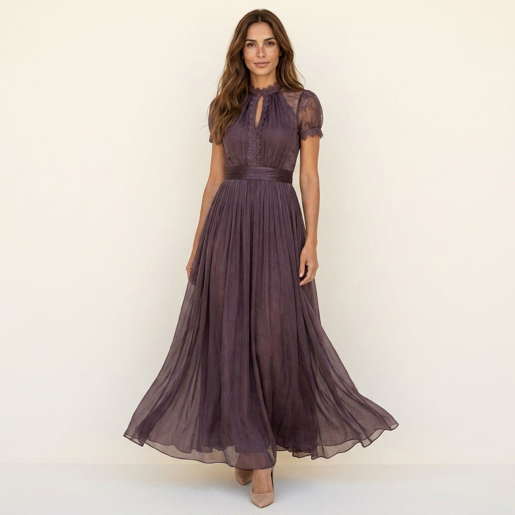 Velance — Lace-Neck Chiffon Maxi Dress