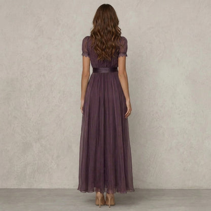 Velance — Lace-Neck Chiffon Maxi Dress
