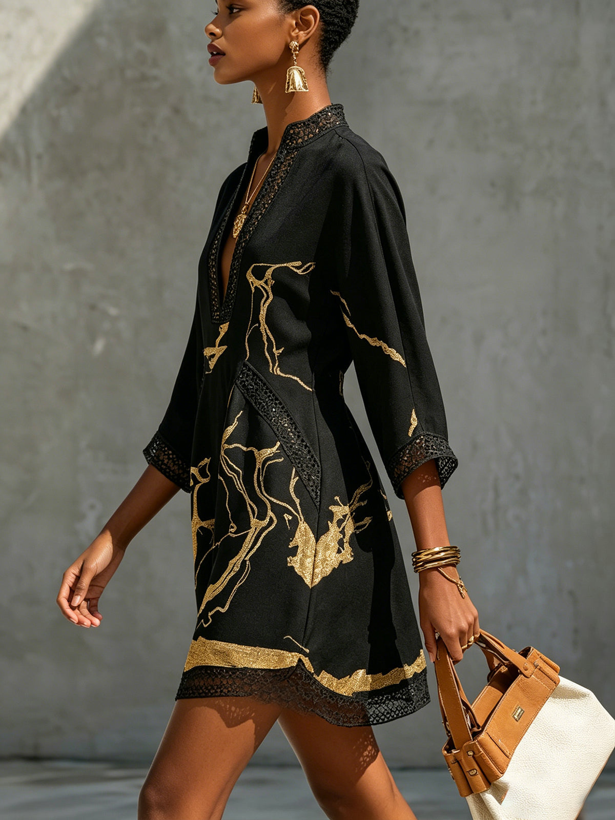 Diana — Black and Gold Short Dress with Crochet Lace