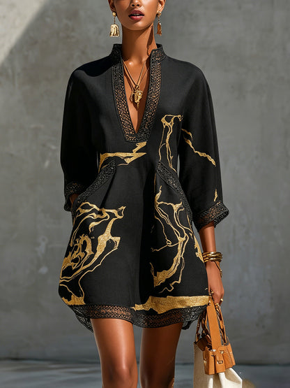 Diana — Black and Gold Short Dress with Crochet Lace