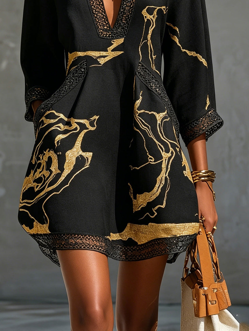 Diana — Black and Gold Short Dress with Crochet Lace