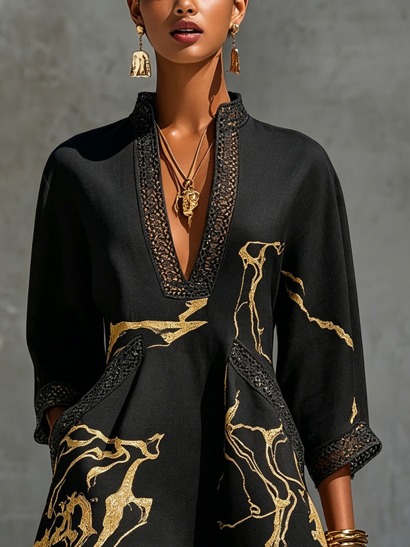 Diana — Black and Gold Short Dress with Crochet Lace