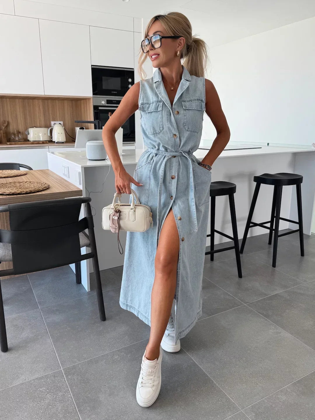 Isabelle — Belted Maxi Denim Dress
