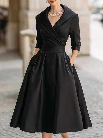 Auréve — Satin Draped-Collar A-Line Midi Dress
