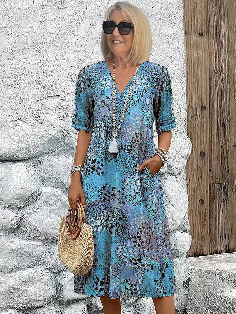 Luna — Vibrant Print V-Neck Flowing Midi Dress