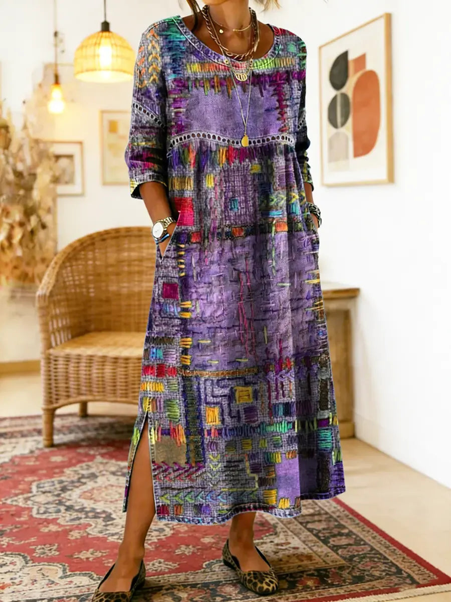 Folklén — Cotton Ethnic Print Lace-Trim Maxi Dress