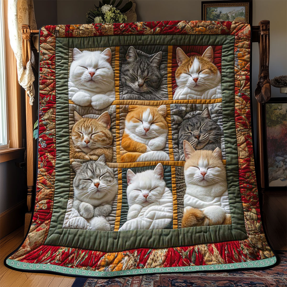 Cozy Blanket with 9 Sleeping Royal Cats